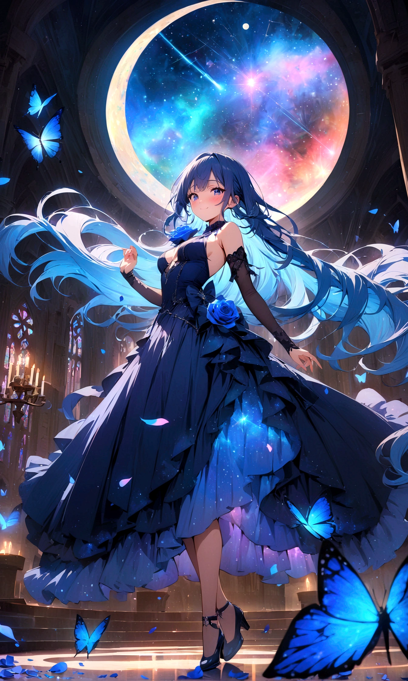 ((masterpiece:1.4)), (best quality), (ultra-detailed), anime style, 1girl, blue hair, long hair, (Blue Gothic dress), musical note, shooting star, space, galaxy, aurora, seven-colored light, (blue rose:1.2), butterfly, constellation, girl riding on a crescent moon, nebula, blue rose petals, stained glass, entire field of stained glass flowers, night, blushing, blush, smile, reflection, planetarium, flowing hair, church, candelabra, dancing patterns.