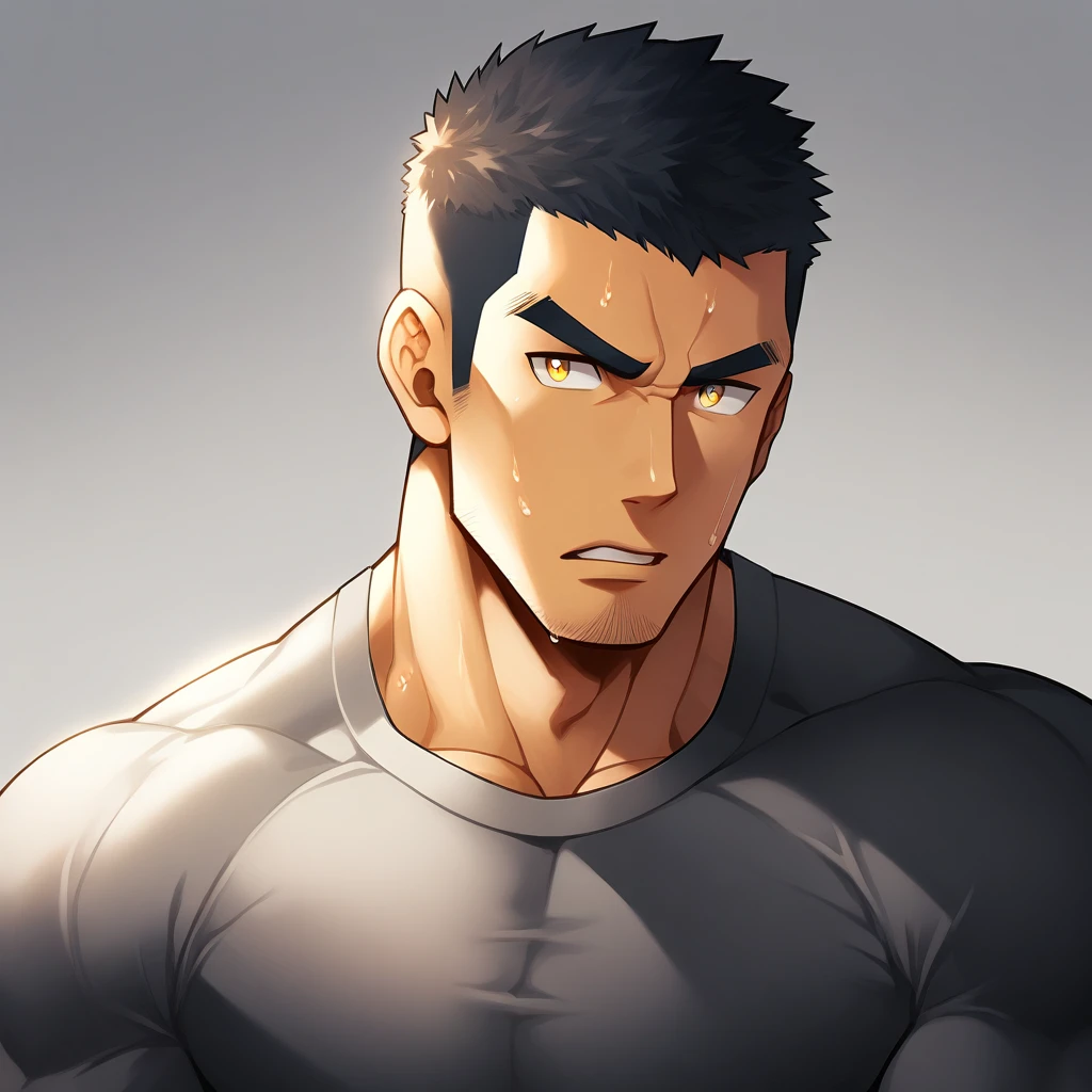 anime characters:Gyee, Deep black skin, Muscle Sports Student, 1 muscular tough guy, Manliness, male focus, Close-up of the side, Light yellow high collar long sleeve tight T-shirt, Very tight, The clothes were soaked with sweat, The pectoral muscles are oversized, Slightly transparent, muscular male, muscular, only, Upper body, alone, Black short hair, Thick eyebrows, stubble, Yellow eyes, Grey background, simple background, amazing quality, best aesthetics, Ridiculous, bright pupils, crew cut, parted lips, v-shaped eyebrows, jitome, disdain, drop shadow, best quality