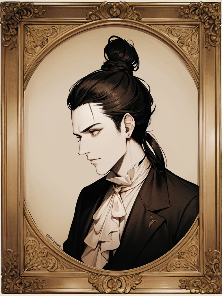Christopher Marlowe, white skin, piercing eyes, dark hair, shoulder-length, combed back, refined features, sharp jawline, clean shaved facial hair, dignified posture, Elizabethan black velvet jacket, golden ornament, white laces, bare white neck, in a detailed ink wash illustration, sepia tones, on aged parchment paper background, without frame, realistic, portrait