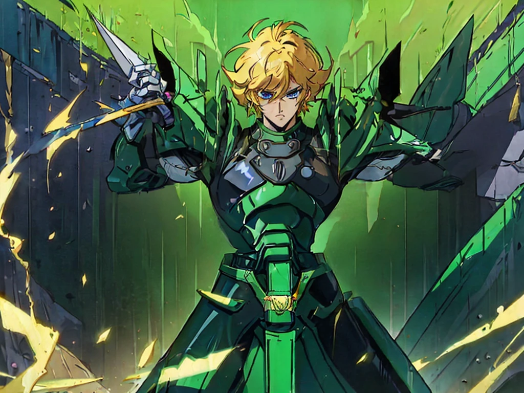 (masterpiece, high quality, 32k animation quality, anime style, super detailed, 1980s /(style/), retro art style, perfect anatomy), ((Korin Seiji)), 1 guy, solo, clear art style, beautiful face, (blonde hair, short hair, messy hair, asymmetrical parting, flipped hair), (beautiful eyes detailed), blue eyes, straight face, cowboy shot, (huge chest: 1.2, green armor, Korin armor), slim waist: 1.0, wide hips 1.4, (waist armor, Korin, realistic, super detailed), (standing, leaning low, legs spread, holding a samurai sword), looking at the viewer, (cave background, on a rock), (front view, shot from below), holding a samurai sword in hand, score_10_up, score_9_up, score_8_up, score_7_up, score_6_up,