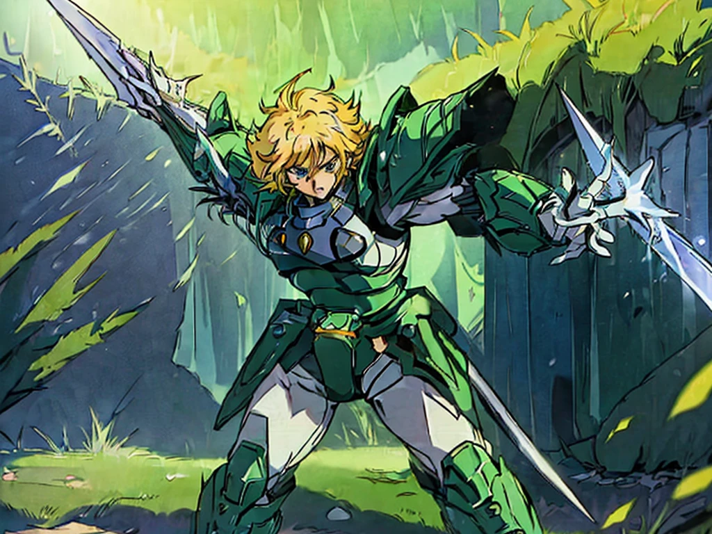 (masterpiece, high quality, 32k animation quality, anime style, super detailed, 1980s /(style/), retro art style, perfect anatomy), ((Korin Seiji)), 1 guy, solo, clear art style, beautiful face, (blonde hair, short hair, messy hair, asymmetrical parting, flipped hair), (beautiful eyes detailed), blue eyes, straight face, cowboy shot, (huge chest: 1.2, green armor, Korin armor), slim waist: 1.0, wide hips 1.4, (waist armor, Korin, realistic, super detailed), (standing, leaning low, legs spread, holding a samurai sword), looking at the viewer, (cave background, on a rock), (front view, shot from below), holding a samurai sword in hand, score_10_up, score_9_up, score_8_up, score_7_up, score_6_up,