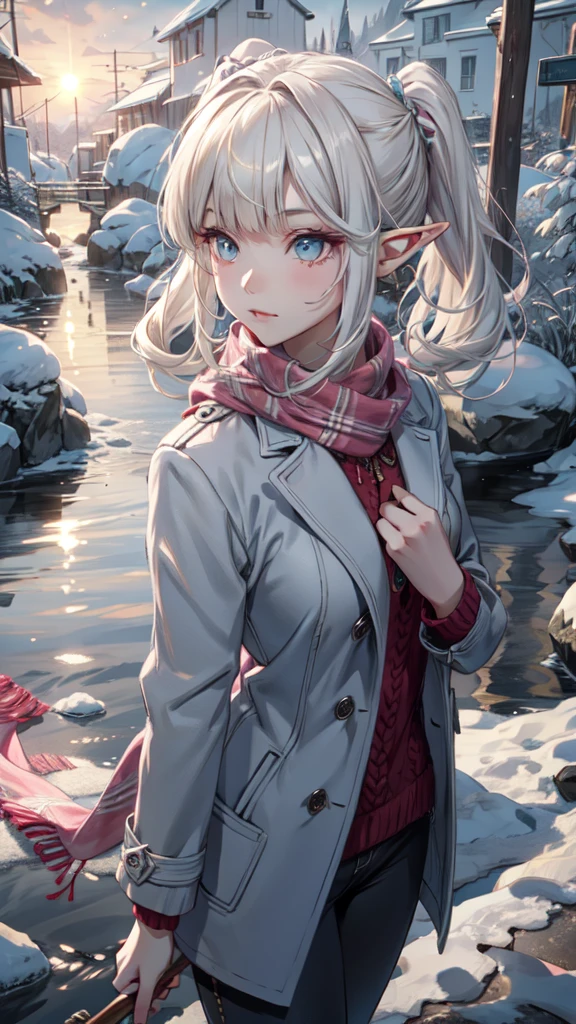 ((masterpiece )), (top quality), (best quality), ((ultra-detailed, 8k quality)), Aesthetics, Cinematic lighting, (detailed line art), 
BREAK, 
highly detailed of (elf), (1girl), perfect face, details eye, double pigtails hair, Blunt bangs, (hair between eye), blonde white hair, blue eyes, eyelashes, eyeshadow, pink eyeshadow, light smile, design art by Artgerm, by Kawacy, By Yoshitaka Amano,
BREAK,
(scarf), coat, jumper, sweater, cables, cables composition, fishermans rib, woolen material, open coat, legging, white long boots, cowboy shot, dynamic angle, looking at viewer, showing her hand out, (morning sun background, (Winter Creek background)), amano yoshitaka, 
BREAK, 
((perfect anatomy)), nice body, medium breast, extremely detailed finger, best hands, perfect face, beautiful face, beautiful eyes, perfect eyes, perfect fingers, correct anatomy, 