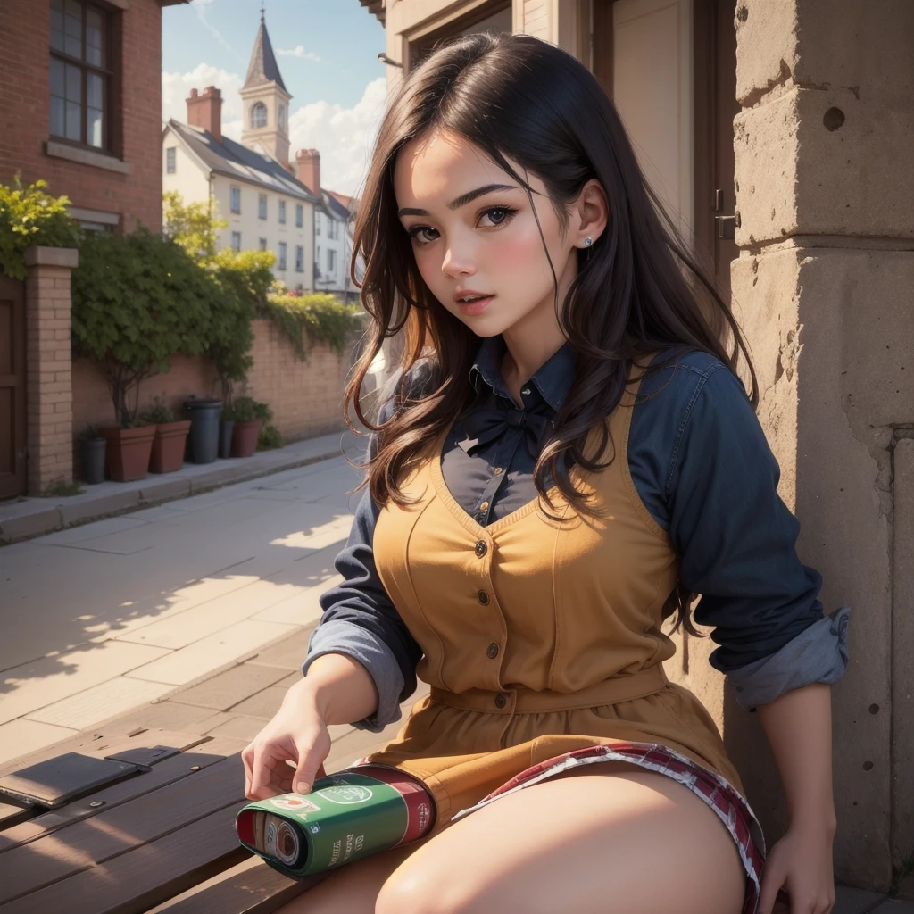 (masterpiece,Highest quality,High resolution,Realistic:1.2),(One Girls' High School:1.2), (She is wearing a white button-up shirt and a very short pleated skirt with a plaid pattern。, A little bit of pure white panties is visible.:1.2),(Smiling with teeth showing and eyes narrowed:1.3),(Wavy medium long hair, Her hair color is high tone with white mesh.., Gal Makeup:1.3),(Beautiful woman'hand of:1.3),(Reduce exposed skin,Belly not exposed:1.2),(Cowboy Shot:1.5),(16 year old Japanese female:1.2),(Clothes that look good:1.2),(School corridor:1.3), (Camel Toe:1.3), (Big Ass, Thick thighs:1.2), (A is a view from below:1.4)