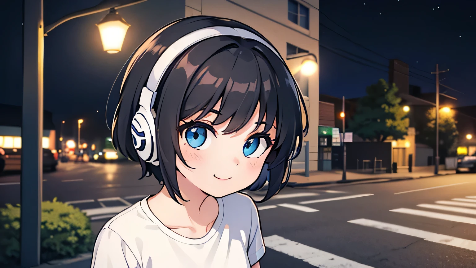 1 girl, solo, blue eyes,(detailed eyes), gentle smile flat chest, short hair, black hair, ((white t-shirt)), simple t-shirt, black skirt, black socks, upper body, ((masterpiece, illustration, best quality)) sitting on the side walk with a street lamp shing light towards her and is wearing headphones while it's night time