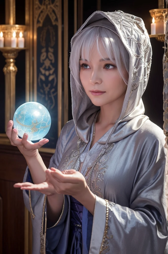"Realistic close-up image of an elderly woman with silver hair, wearing mystical robes and a hood that partially covers her head. She is facing forward with her body straight and looking directly at the viewer with her eyes wide open, holding a crystal ball in her hands. Only her chest and above are visible. The background is dark and filled with mystical elements such as glowing candles, ancient symbols, and a mysterious tapestry, creating a traditional fortune-telling atmosphere."