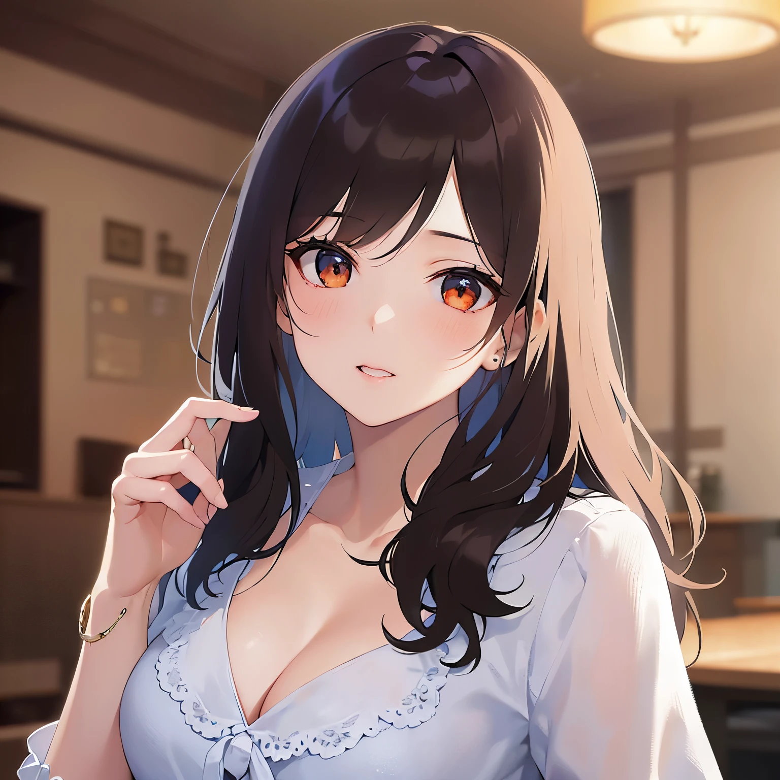 (Hand up:1.5), Biologically correct five fingers、looking up, Realistic, real person, (pale skin: 1.2), upper body, RAW photo, photorealistic, shiny skin, shiny hair、(A 35-year-old woman with medium-length hair and bangs) and (wavy hair) and (brown hair) and (Orange Eyes) , (white:1.5) and (blouse) 、Cleavage、(blush:1.5), The background is the living room at night、illumination、Alone、Are standing