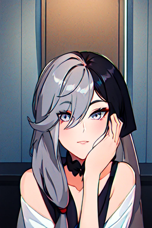 beautiful older woman with long grey hair and dark grey eyes