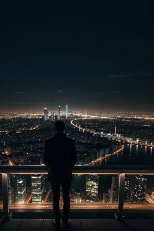 alone man looking at a city at night
