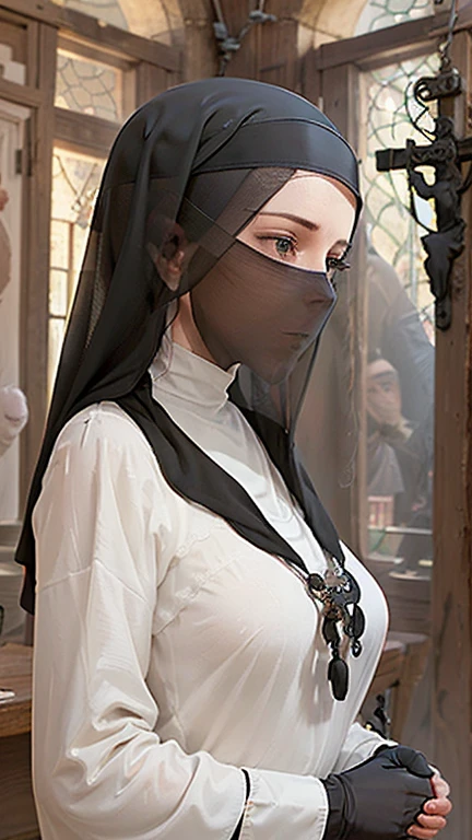 (Masterpiece, Young Nun), (High Quality, Spiritual Figure), (Female Character, Religious Icon), (Detailed Attire, Habit), (Nun's Veil, Covered Head), (Bare Neckline, Modest Plunge), (A veil covering the mouth, face veil fit his face, Long gloves), (Natural Complexion, Radiant Skin), (Soft Lighting, Holy Sanctuary), (Realistic Texture, Fabric Wrinkles), (Deep Focus, Close-up Portrait), (Young Face, Innocent Expression), (Hands, Holding Rosary Beads), (Gazing into the Distance, Contemplating), (Serene Environment, Monastery), 1girl, full body shot