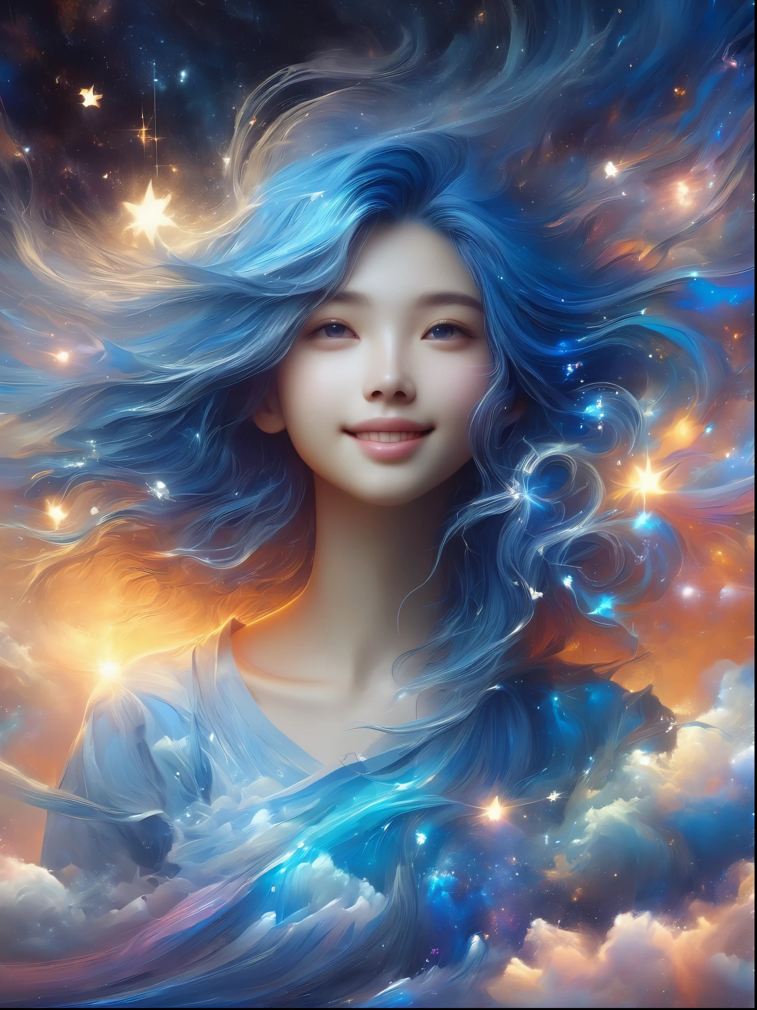 1xknh1, masterpiece, best quality, Aesthetic, fantasy, illusion, 1 Girl, Solitary, cute女孩的照片, detailed face, Relaxed smile, charming, 不symmetry头发, Swaying hair, Electric blue hair, glow, cloud, color斑斓的天空, Star, shattered, Space style, Vortex Magic Style, Silva Magic Style, legendary, outstanding, Beautifully, elegant, luxury, Creative, beautiful classic contemporary detailed cinematic composition, Expressive and dynamic dramatic atmosphere, Spectacular lighting, symmetry, detailed, 丰富的color, Environmental background, Inspiring, cute、magnificent、Clarity、Wonderful、Surreal、Perfect、complex、color, Astonishing, epic, huge, imposing, amazing, strange, fascinating, huge