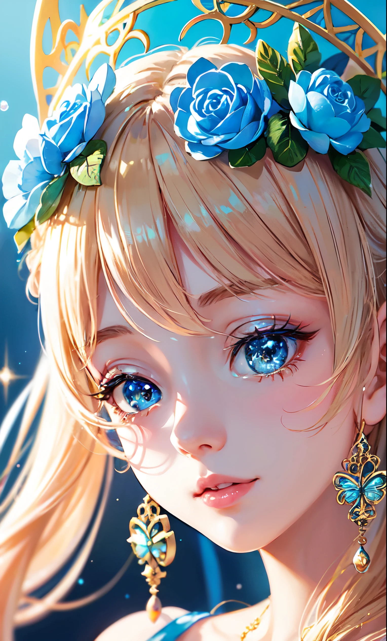 Clear Glass Globe Ornament、Sparkling butterfly wings in shades of blue、Wearing an ornate bronze filigree base with intricate detailing、Stunning digital art of a cute and whimsical fairy girl。Delicate facial features、Flowing blonde hair with blue flower accessories。Blue bubbles and sparkles floating、Soft, dreamy lighting。Highly detailed and photorealistic Octane rendering、8K resolution。