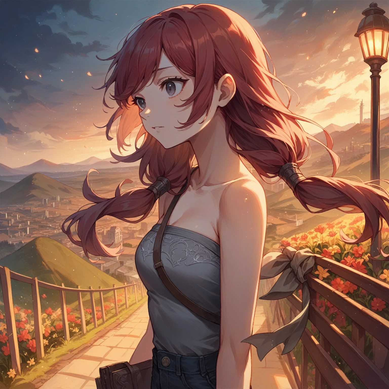 Highest Quality, masterpiece, light particles, gray eyes, red hair in low twin tails, swept bangs, stoic, looking at flowers, strapless gray top with white trim, black jeans, hillside, dusk, city in background, anime