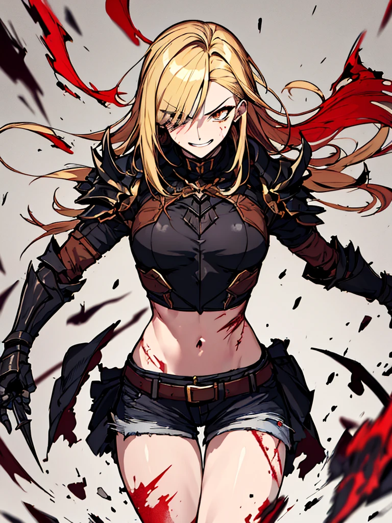 (absurdres, 8k, 4k, masterpiece, hyper extreme detailed:1.2), solo, 1girl, front view, portrait, best quality, expressive eyes, perfect face, perfect anatomy, cowboy shot, 1girl, portrait, solo, standing, Female, toned body, mature female, small breasts, pale, hair covering one eye, long hair, adult, gold eyes, psychotic, laughing, blood, bloody, falling, clouds, crazy eyes, messy hair, swept bangs, perfect anatomy, front view, apocalypse background, t-shirt, shorts, scars, scuffs, injuries, reckless, dangerous, blonde hair, insane, crazy, chaotic, destruction, death, burning church background, emotionless, evil, restless, cold, malicious, menacing, anti hero, dark magic, demonic, bleeding, restless, cloak, armor, torn clothing, tattered clothes, pale skin, blackened armor, sword, smirk, full body, gauntlets, grieves, sinister, survivor,