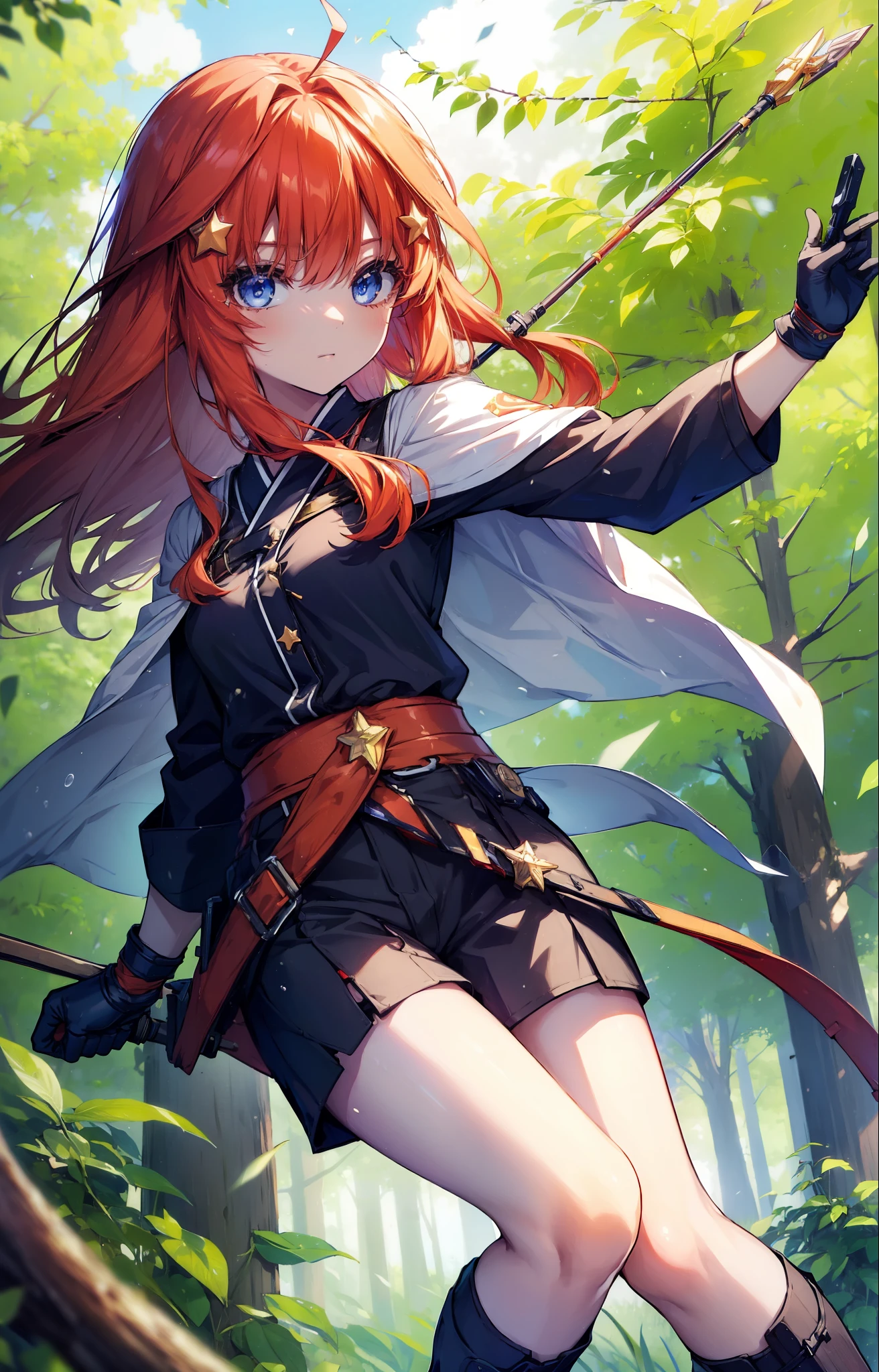 itsukinakano, itsuki nakano, bangs, blue eyes, Hair between the eyes, Redhead, star \(symbol\), hair ornaments, star hair ornaments,Long Hair,Owns an archery grip in the right hand,Carrying an archery bag,He has a quiver on one side, boots, Cape,gloves, red Knee socks, High heels, Shorts, Knee socks,whole bodyがイラストの中に入っていくように,歩いている
break outdoors, forest,forest林, break looking at viewer,whole body, 
break (masterpiece:1.2), Highest quality, High resolution, unity 8k wallpaper, (shape:0.8), (Fine and beautiful eyes:1.6), Highly detailed face, Perfect lighting, Highly detailed CG, (Perfect hands, Perfect Anatomy),