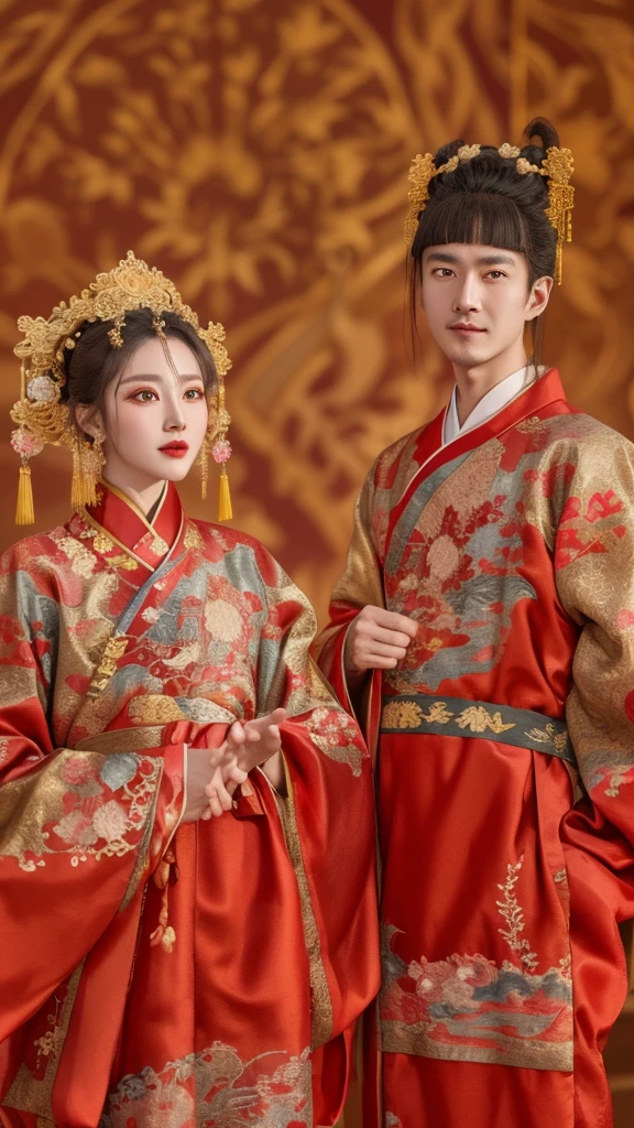 asian couple in traditional clothing, wearing hanfu, elaborate embroidered robes, imperial palace attire, detailed intricate pattern, exquisite traditional chinese costume, flowing silk robes, elegant regal appearance, opulent imperial style, detailed dragon and phoenix embroidery, lavish ornamental detailing, ornate traditional dress, vibrant red and gold colors, ethereal lighting, soft focus, cinematic composition, masterpiece, detailed portrait, 8K, photorealistic, dramatic lighting