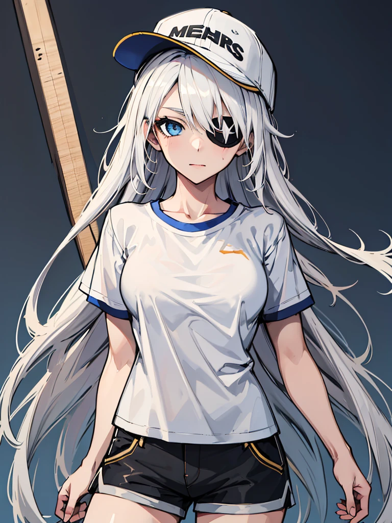 (absurdres, 8k, 4k, masterpiece, hyper extreme detailed:1.2), solo, 1girl, portrait, best quality, expressive eyes, perfect face, portrait, looking at viewer, solo, standing, casual wear, toned, white haired, eye patch, braided hair, long hair, medium breasts, scars, blue eyes, very long hair, military, shorts, white t-shirt, toned body, athletic body, muscular, friendly, calm, graphic t-shirt, medium bust, graphic t-shirt, baseball cap,
