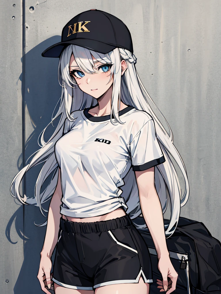 (absurdres, 8k, 4k, masterpiece, hyper extreme detailed:1.2), solo, 1girl, portrait, best quality, expressive eyes, perfect face, portrait, looking at viewer, solo, standing, casual wear, toned, white haired, eye patch, braided hair, long hair, medium breasts, scars, blue eyes, very long hair, military, shorts, white t-shirt, toned body, athletic body, muscular, friendly, calm, graphic t-shirt, medium bust, graphic t-shirt, baseball cap,
