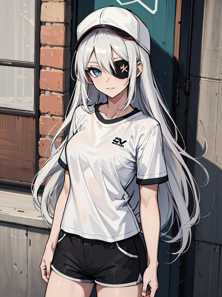 (absurdres, 8k, 4k, masterpiece, hyper extreme detailed:1.2), solo, 1girl, portrait, best quality, expressive eyes, perfect face, portrait, looking at viewer, solo, standing, casual wear, toned, white haired, eye patch, braided hair, long hair, medium breasts, scars, blue eyes, very long hair, military, shorts, white t-shirt, toned body, athletic body, muscular, friendly, calm, graphic t-shirt, medium bust, graphic t-shirt, baseball cap,
