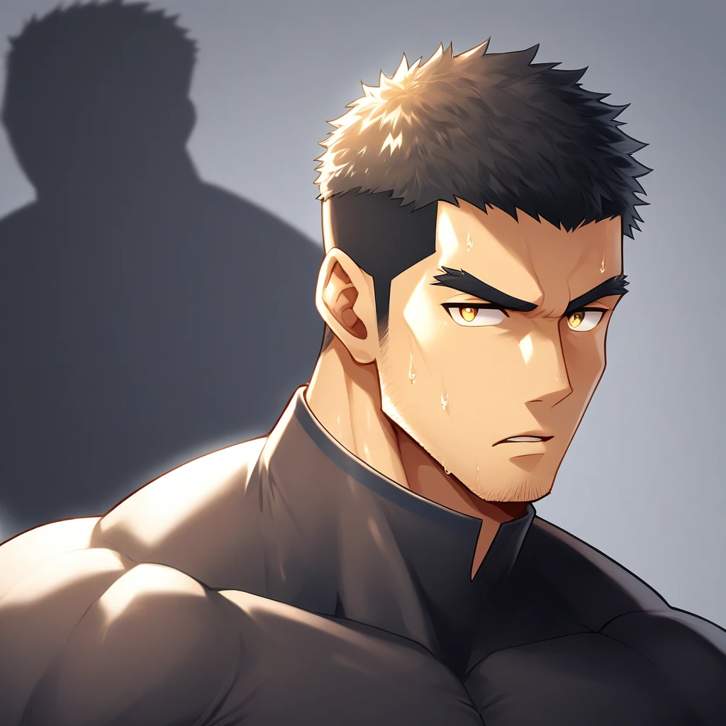 anime characters:Gyee, Deep black skin, Muscle Sports Student, 1 muscular tough guy, Manliness, male focus, Close-up of the side, Light yellow 高领的high collar long sleeve tight T-shirt, Very tight, The clothes were soaked with sweat, The pectoral muscles are oversized, Slightly transparent, muscular male, muscular, only, Upper body, alone, Black short hair, Thick eyebrows, stubble, Yellow eyes, Grey background, simple background, amazing quality, best aesthetics, Ridiculous, bright pupils, crew cut, parted lips, v-shaped eyebrows, jitome, disdain, drop shadow, best quality