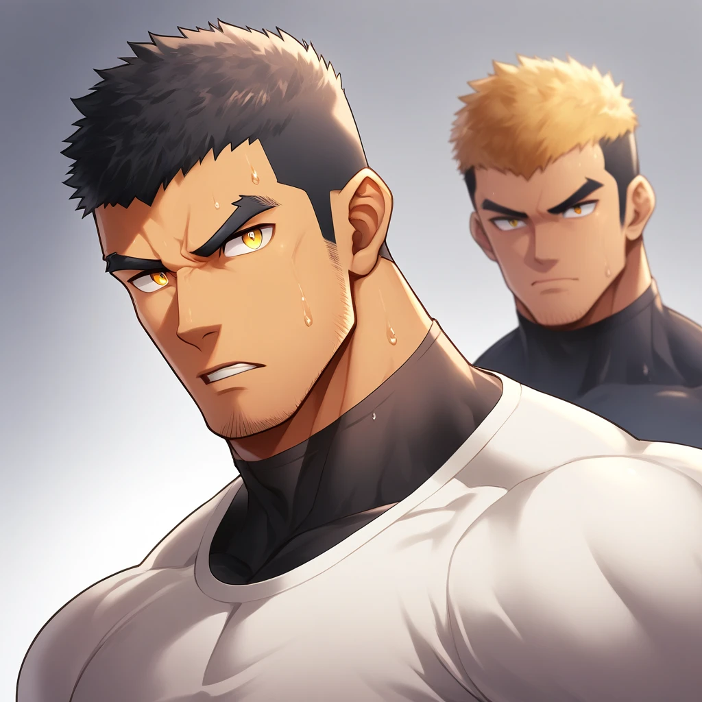 anime characters：Gyee,  Deep black skin, Muscle Sports Student, 1 muscular tough guy, Manliness, male focus, Close-up of the side, Light yellow 高领的high collar long sleeve tight T-shirt, Very tight, The clothes were soaked with sweat, The pectoral muscles are oversized, Slightly transparent, muscular male, muscular, only, Upper body, alone, Black short hair, Thick eyebrows, stubble, Yellow eyes, Grey background, simple background, amazing quality, best aesthetics, Ridiculous, bright pupils, crew cut, parted lips, v-shaped eyebrows, jitome, disdain, drop shadow, best quality