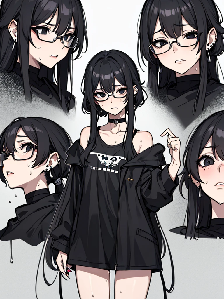(masterpiece), best quality, expressive eyes, highres, best anatomy, cowboy shot, 1girl, perfect face, perfect hands, female, pale, glasses, messy hair, black hair, very long hair, black eyes, glasses, weak, tired, small breasts, graphic t-shirt, gothic, emo, goth, exposed left shoulder, piercings, ear piercings, lip piercings, fatigue, eye-bags, sore, blank eyes, expressionless, weak, crazy face, crazy eyes, swept bangs, choker, standing, freaked out, shocked, nervous, stressed, sweating, black hair, black eyes, wet shirt, black jacket,