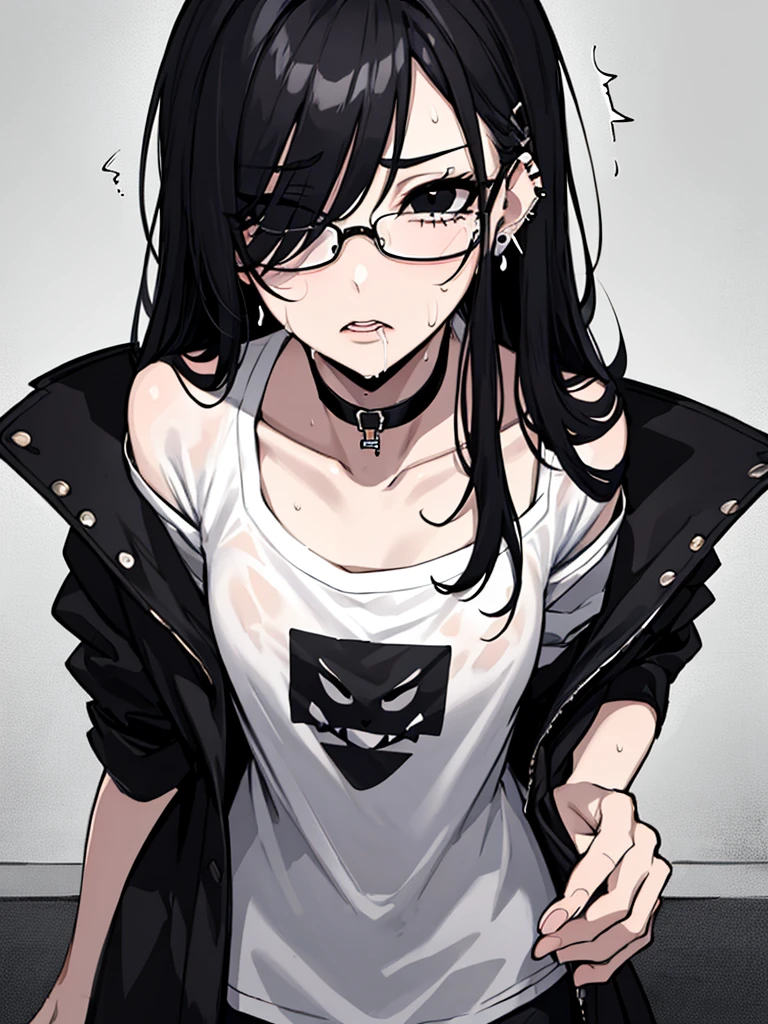 (masterpiece), best quality, expressive eyes, highres, best anatomy, cowboy shot, 1girl, perfect face, perfect hands, female, pale, glasses, messy hair, black hair, very long hair, black eyes, glasses, weak, tired, small breasts, graphic t-shirt, gothic, emo, goth, exposed left shoulder, piercings, ear piercings, lip piercings, fatigue, eye-bags, sore, blank eyes, expressionless, weak, crazy face, crazy eyes, swept bangs, choker, standing, freaked out, shocked, nervous, stressed, sweating, black hair, black eyes, wet shirt, black jacket,