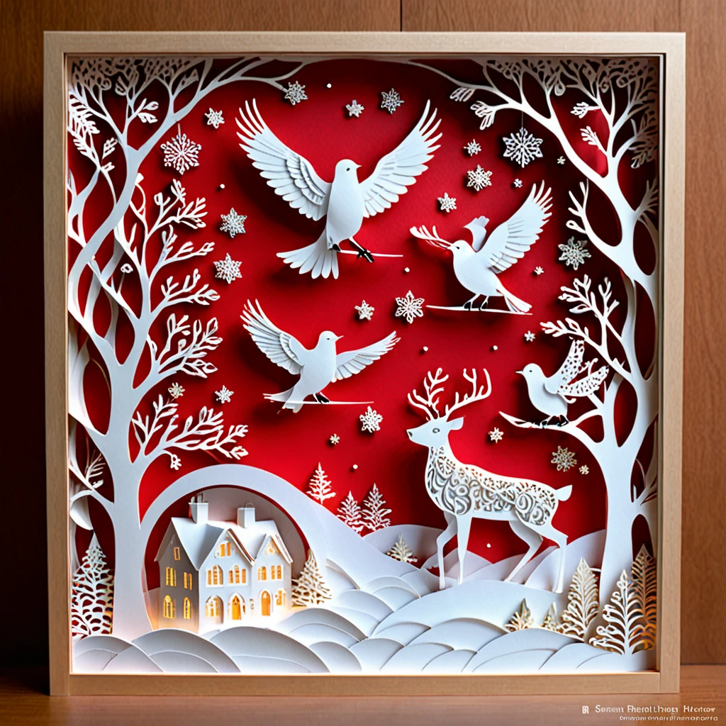 Create a detailed paper cutout artwork depicting a scene that combines snow with intricate patterns. The scene should include delicate snowflakes falling gently, each flake featuring unique and elaborate patterns. The background should incorporate swirling designs and geometric shapes that complement the snowflakes, creating a seamless blend between the natural and the abstract. The artwork should evoke a sense of tranquility and beauty, capturing the serene and intricate nature of snow and patterns. The overall mood should be elegant and peaceful, highlighting the delicate artistry of winter through detailed design.