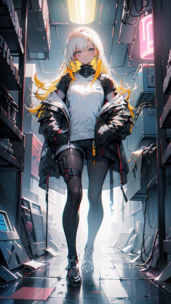 1 girl, long Yellow hair , cyberpunk, blue eyes, high heels, hand in pocket, best quality, 4k, 8k, highres, masterpiece:1.2, ultra-detailed, realistic, photorealistic, photo-realistic:1.37, HDR, UHD, studio lighting, ultra-fine painting, sharp focus, physically-based rendering, extreme detail description, professional, vivid colors, bokeh, cyberpunk, science fiction, neon lights, dark atmosphere, dramatic lighting