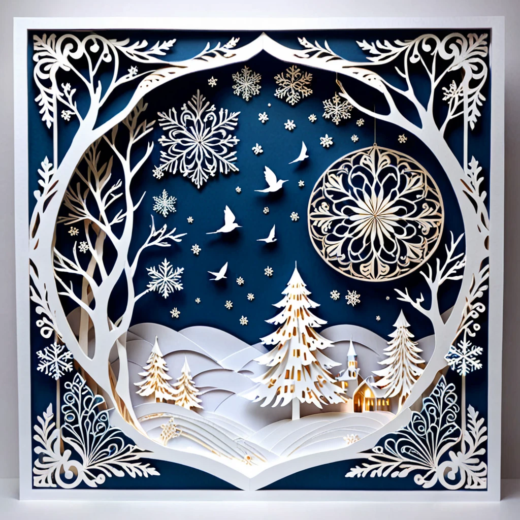 Create a detailed paper cutout artwork depicting a scene that combines snow with intricate patterns. The scene should include delicate snowflakes falling gently, each flake featuring unique and elaborate patterns. The background should incorporate swirling designs and geometric shapes that complement the snowflakes, creating a seamless blend between the natural and the abstract. The artwork should evoke a sense of tranquility and beauty, capturing the serene and intricate nature of snow and patterns. The overall mood should be elegant and peaceful, highlighting the delicate artistry of winter through detailed design.
