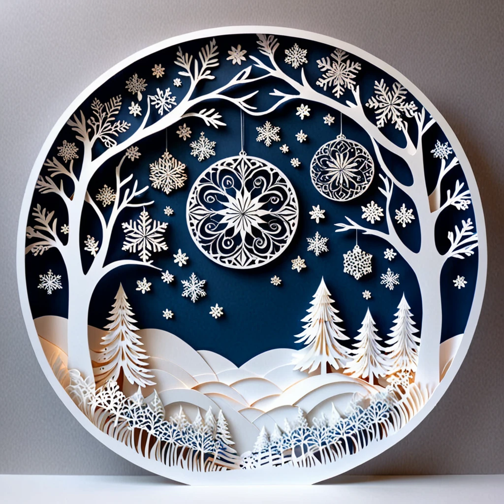 Create a detailed paper cutout artwork depicting a scene that combines snow with intricate patterns. The scene should include delicate snowflakes falling gently, each flake featuring unique and elaborate patterns. The background should incorporate swirling designs and geometric shapes that complement the snowflakes, creating a seamless blend between the natural and the abstract. The artwork should evoke a sense of tranquility and beauty, capturing the serene and intricate nature of snow and patterns. The overall mood should be elegant and peaceful, highlighting the delicate artistry of winter through detailed design.
