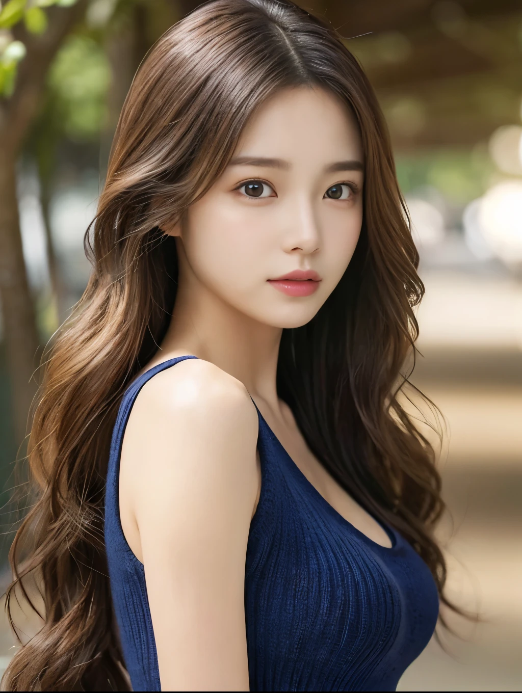 Photorealistic、Masterpiece、Highest quality、98k、One woman、Cowboy Shot、Perfect Anatomy、Detailed and perfect eye、Evenly balanced beautiful eyes、Cute face、Fair skin、Wavy long hair、Random Hairstyles、、Perfect body、leeveless knit