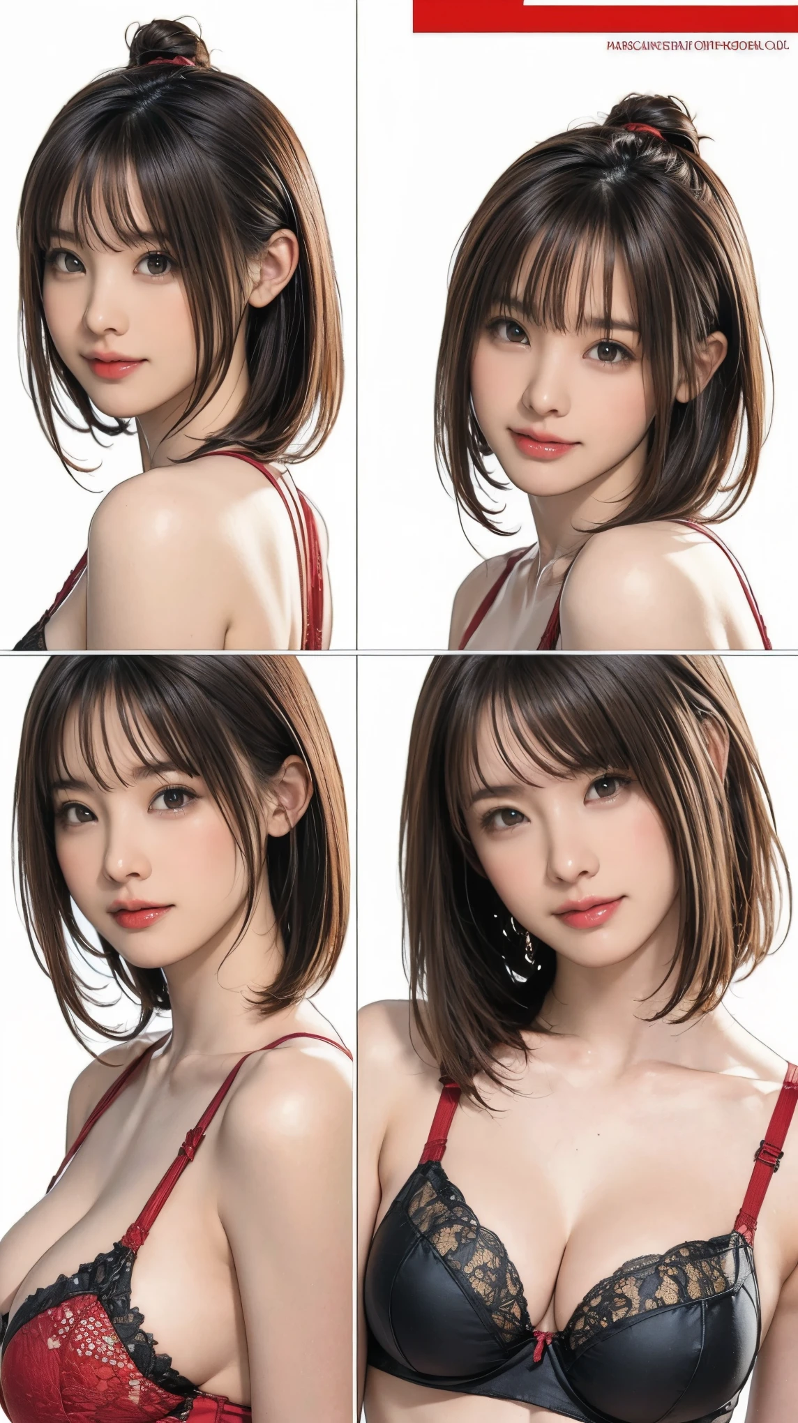 10:24:23
((masterpiece)),(((Highest quality))),((Reference Sheet, Character Design)), Highest quality,masterpiece,Ultra-high resolution,Original photo,Ultra-high resolution,Three beautiful women,Flashy makeup using red eyeshadow,Big smile,Short cut with side waves,Wearing a black and red lace bra and panties,Butt sticking out pose:1.2