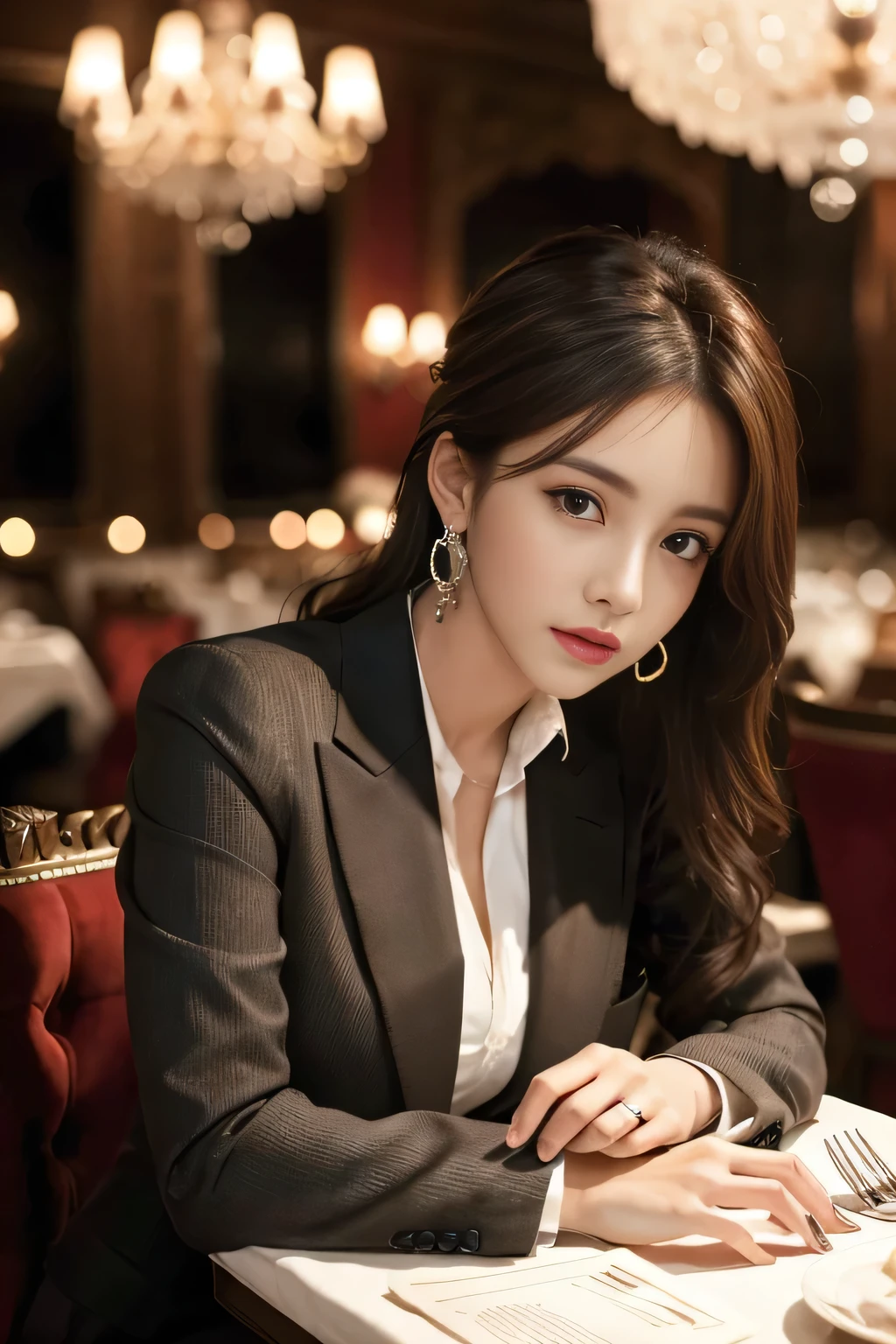 masterpiece, Highest quality, Realistic, Very detailed, Finer details, High resolution, 8k wallpaper, One beautiful woman, Wear a nice suit, In a great restaurant, At night, Light brown messy hair, Perfect dynamic composition, Beautiful and beautiful eyes、Big earrings、Sit on a chair、