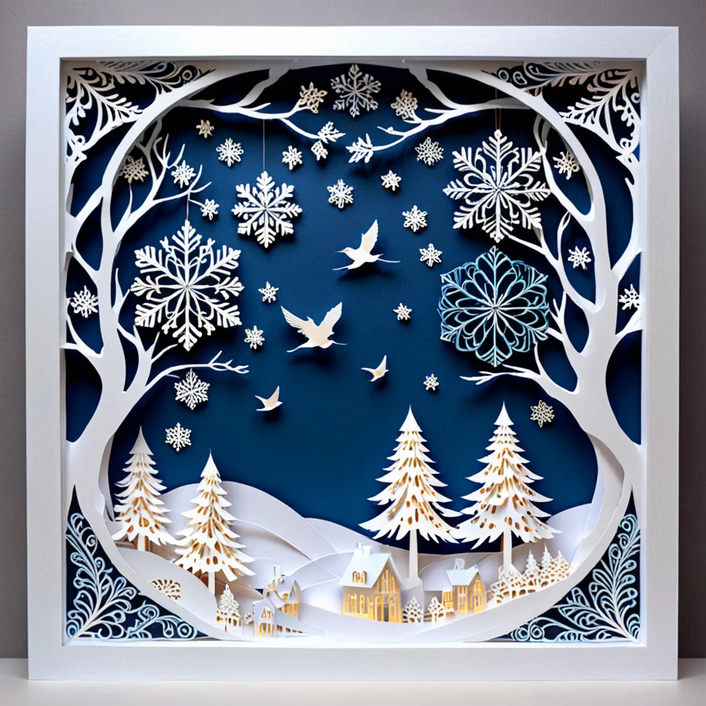 Create a detailed paper cutout artwork depicting a scene that combines snow with intricate patterns. The scene should include delicate snowflakes falling gently, each flake featuring unique and elaborate patterns. The background should incorporate swirling designs and geometric shapes that complement the snowflakes, creating a seamless blend between the natural and the abstract. The artwork should evoke a sense of tranquility and beauty, capturing the serene and intricate nature of snow and patterns. The overall mood should be elegant and peaceful, highlighting the delicate artistry of winter through detailed design.