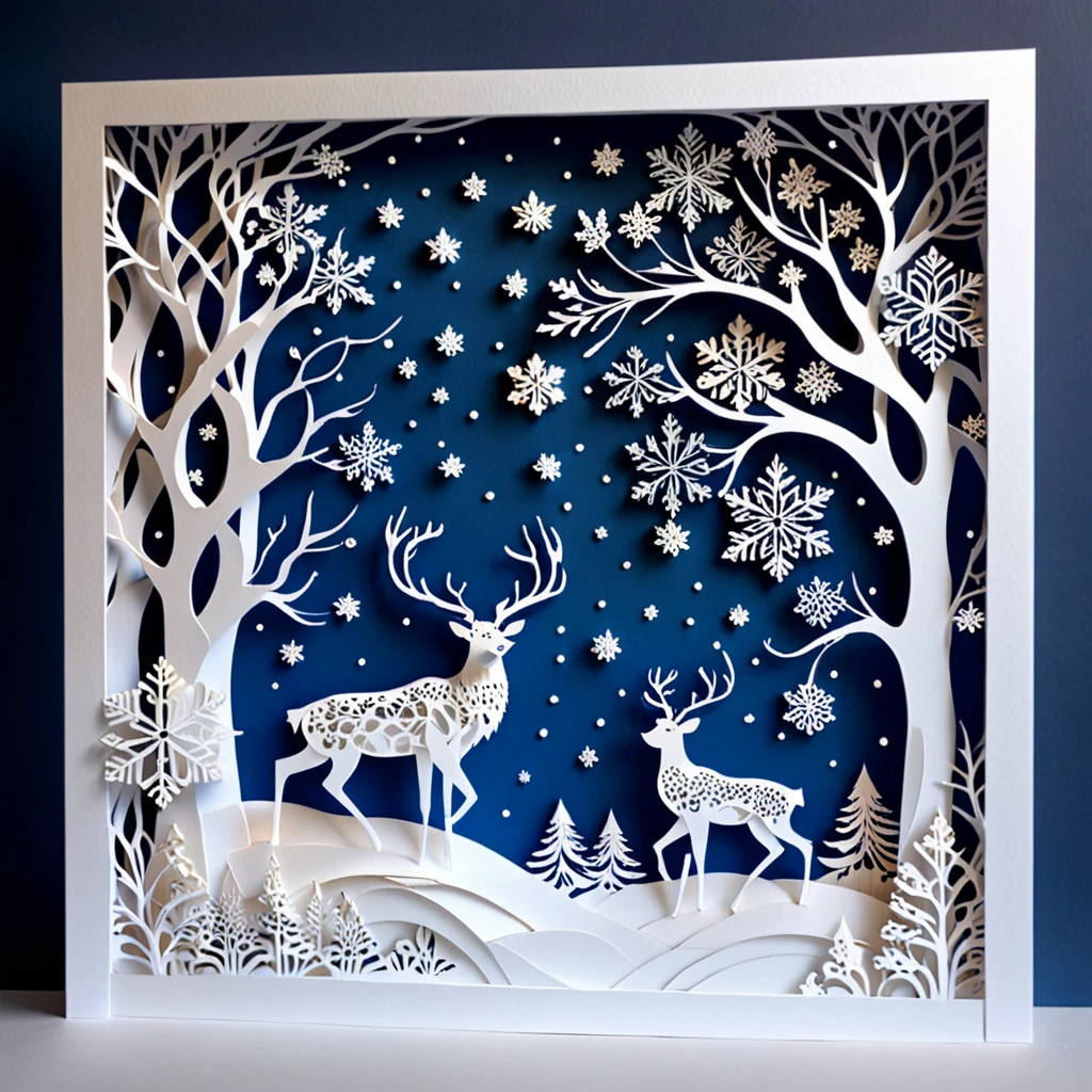 Create a detailed paper cutout artwork depicting a scene that combines snow with intricate patterns. The scene should include delicate snowflakes falling gently, each flake featuring unique and elaborate patterns. The background should incorporate swirling designs and geometric shapes that complement the snowflakes, creating a seamless blend between the natural and the abstract. The artwork should evoke a sense of tranquility and beauty, capturing the serene and intricate nature of snow and patterns. The overall mood should be elegant and peaceful, highlighting the delicate artistry of winter through detailed design.