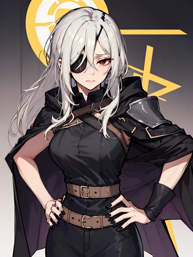 (absurdres, 8k, 4k, masterpiece, hyper extreme detailed:1.2), solo, 1girl, front view portrait, best quality, expressive eyes, perfect face, 1girl, portrait, solo, Female, mature female, adult, pale skin, black nails, white skin, black ribbon, red eyes, black eyepatch, annoyed, tattered clothing, armor, ripped clothes, oversized shirt, , swept bangs, side bangs, messy hair, long hair, hair covering forehead, perfect anatomy, anatomically correct, looking forward, forward view, expressive eyes, perfect eyes, quanxi, ponytail, eyepatch, Zero, full body, hand on hip, black cloak, wearing hood, right eyepatch, right eye covered,
