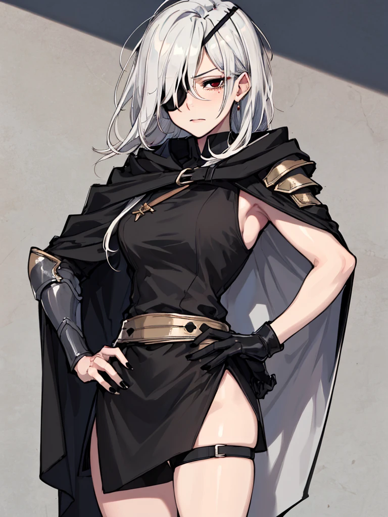 (absurdres, 8k, 4k, masterpiece, hyper extreme detailed:1.2), solo, 1girl, front view portrait, best quality, expressive eyes, perfect face, 1girl, portrait, solo, Female, mature female, adult, pale skin, black nails, white skin, black ribbon, red eyes, black eyepatch, annoyed, tattered clothing, armor, ripped clothes, oversized shirt, , swept bangs, side bangs, messy hair, long hair, hair covering forehead, perfect ???????, anatomically correct, looking forward, forward view, expressive eyes, perfect eyes, quanxi, ponytail, eyepatch, Zero, full body, hand on hip, black cloak, wearing hood, right eyepatch, right eye covered,