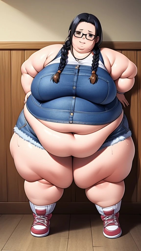 Anime Women, Lady、Detailed face、Forehead、Black Hair、Braid、Glasses、Hanging eyes、Brown eyes、Are fat、Chubby、Voluptuous、obesity、Double chin、Cheek、Fat-covered neck、Big Breasts、Saggy breasts、Thick upper arms、thick fingers、Fat Belly、Sagging belly、Thick legs、Fat all over the body、tall、Denim jumpsuit、sneakers、Sweat、Embarrassed、Exercising