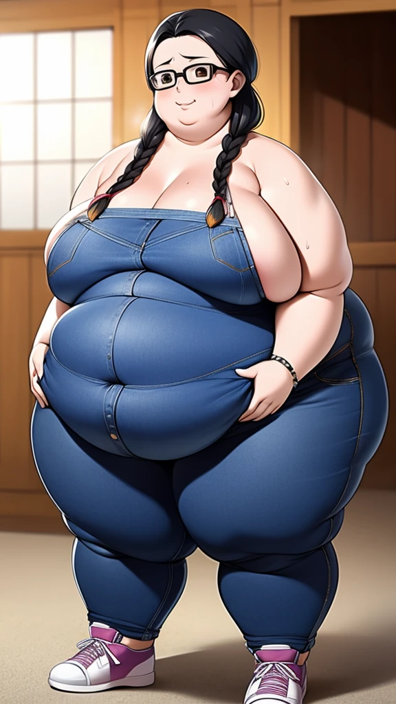 Anime Women, Lady、Detailed face、Forehead、Black Hair、Braid、Glasses、Hanging eyes、Brown eyes、Are fat、Chubby、Voluptuous、obesity、Double chin、Cheek、Fat-covered neck、Big Breasts、Saggy breasts、Thick upper arms、thick fingers、Fat Belly、Sagging belly、Thick legs、Fat all over the body、tall、Denim jumpsuit、sneakers、Sweat、Embarrassed、Exercising