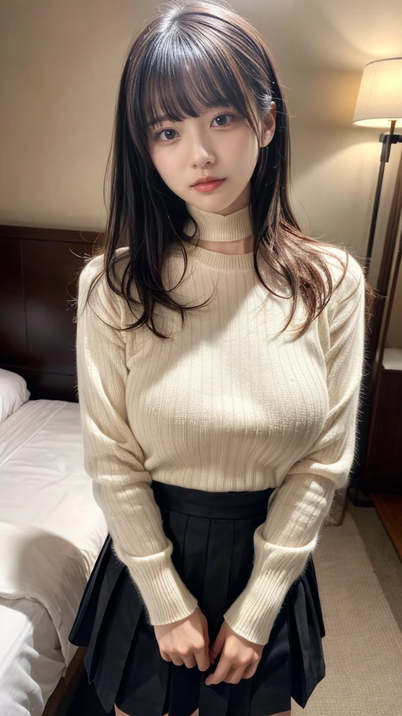 masterpiece, best quality, illustration, Super detailed, fine details, High resolution, 8K,wall paper, perfect dynamic composition,(Details High quality, realistic depiction of eyes:1.3), Long sleeve shirt、Hair length、A fluffy white sweater, choker, hotel room, black hair color, Big Natural Color Lip, sexy pose, crying a little、Harajuku style、20 year old girl、cute type、lolita, hposing Gravure Idol, full body photo, huge breasts