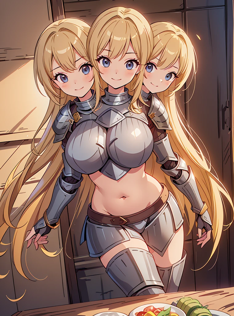 (masterpiece),(ultra-detailed), (high quality), (high resolution), (best quality:1.5, highres, UHD), highres, absurdo, ultra detail, ultra quality, (2heads:1.5), 1girl, ((golden blonde hair)), thighs, (gray armor), female warrior, (open belly), exposed midriff, huge tits, (medieval outfit), (black eyes), cropped armored chest piece, gorgeous female knight, Guild Clothes with Armor, Fantasyart:1.5, (1 Female Knight:1.5), Detailed and detailed depiction armor, (seductive smirk), detailed eyes, revealing armor,
