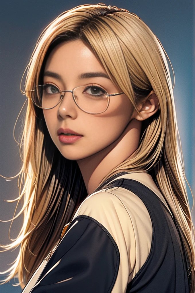 elaizaikedareal,1girl, solo, long hair, blonde hair, upper body, glasses, blurry, lips, blurry background, sunglasses, realistic, tinted eyewear