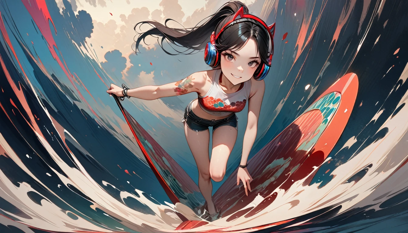 (((8K, Masterpiece, high resolution, highest quality, highest quality real texture skin))), (((whole body))), ((wearing Japanese pattern headphones)), (((1 girl))), (((Smiling while doing SUP))), ((sunglasses)), (Japanese pattern Tシャツ, super mini shorts), (Black shiny hair, beige skin, ponytail), (surreal, digital painting)