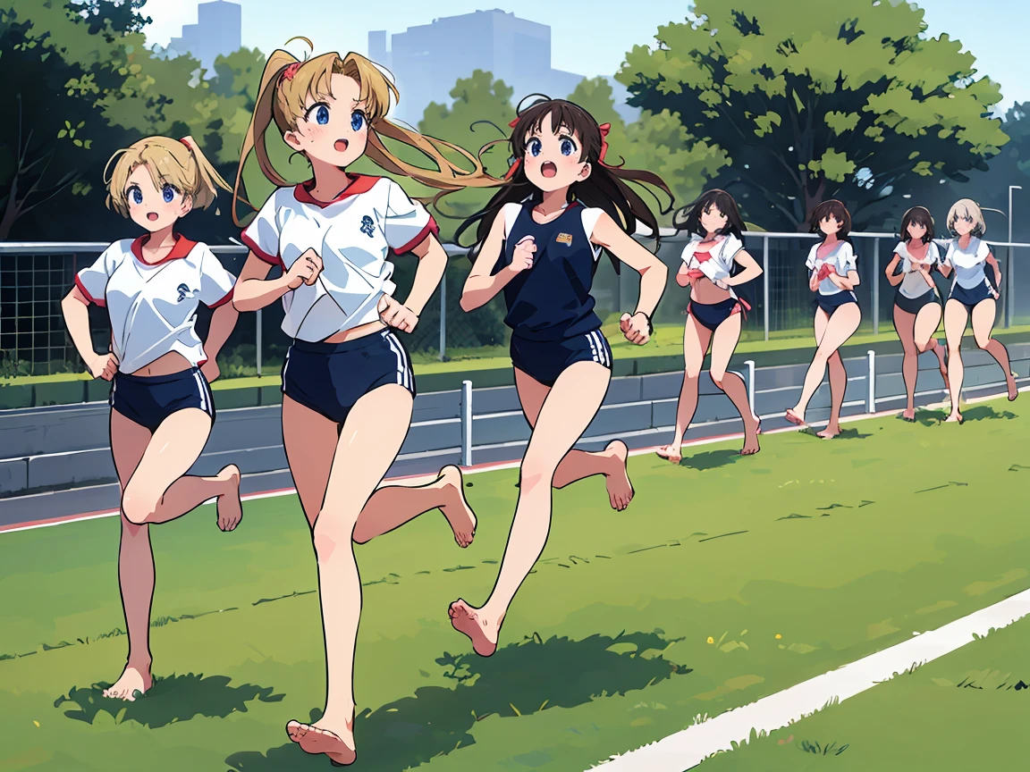 Highest quality,1990s anime style illustration,barefoot,Multiple Girls,Girls in gym clothes、Stand in line、Running in the schoolyard,All the girls are barefoot,The girls were sweating、I&#39;ll run for my life,White T-shirt and blue shorts,Several girls run side by side,Multiple Girlsたちを、Line up in a straight line、Let it run,running,The girls are out of breath、It&#39;s a tired look,