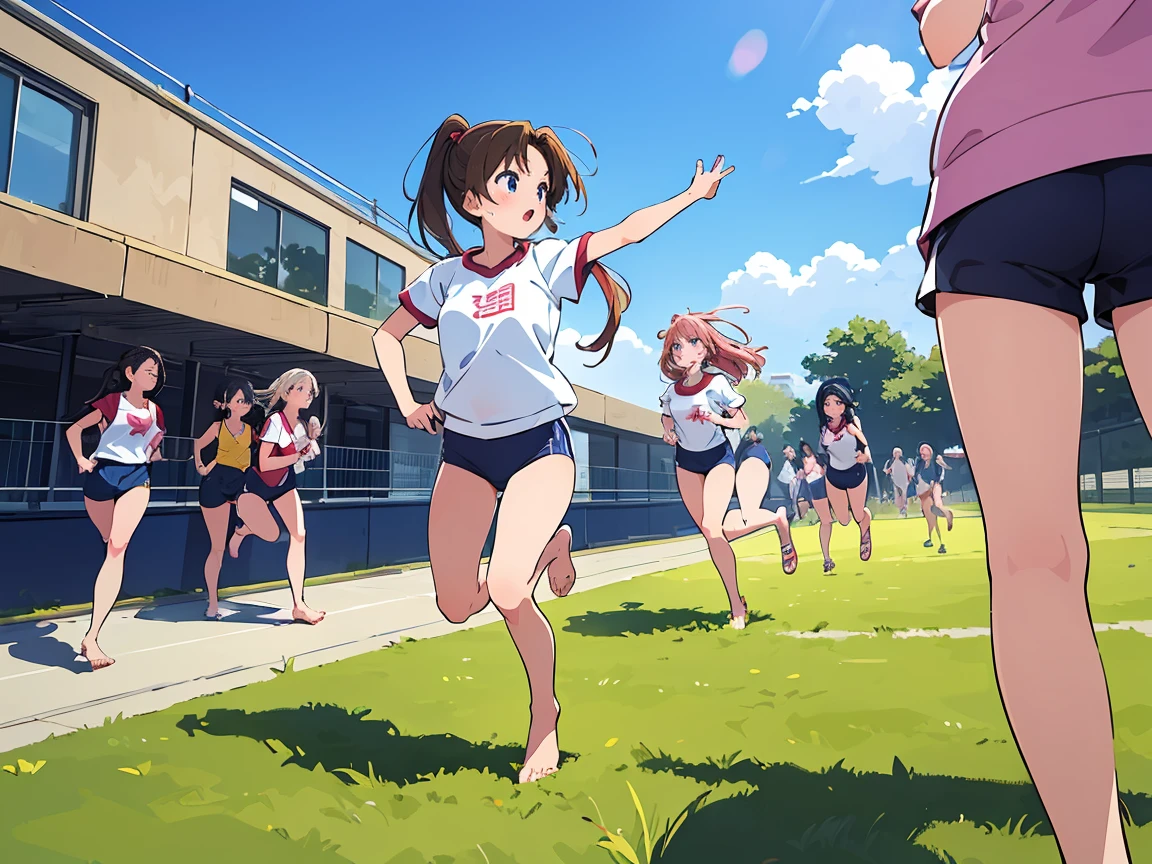 Highest quality,1990s anime style illustration,barefoot,Multiple Girls,Girls in gym clothes、Stand in line、Running in the schoolyard,All the girls are barefoot,The girls were sweating、I'll run for my life,White T-shirt and blue shorts,Several girls run side by side,Multiple Girlsたちを、Line up in a straight line、Let it run,running,The girls are out of breath、It's a tired look,