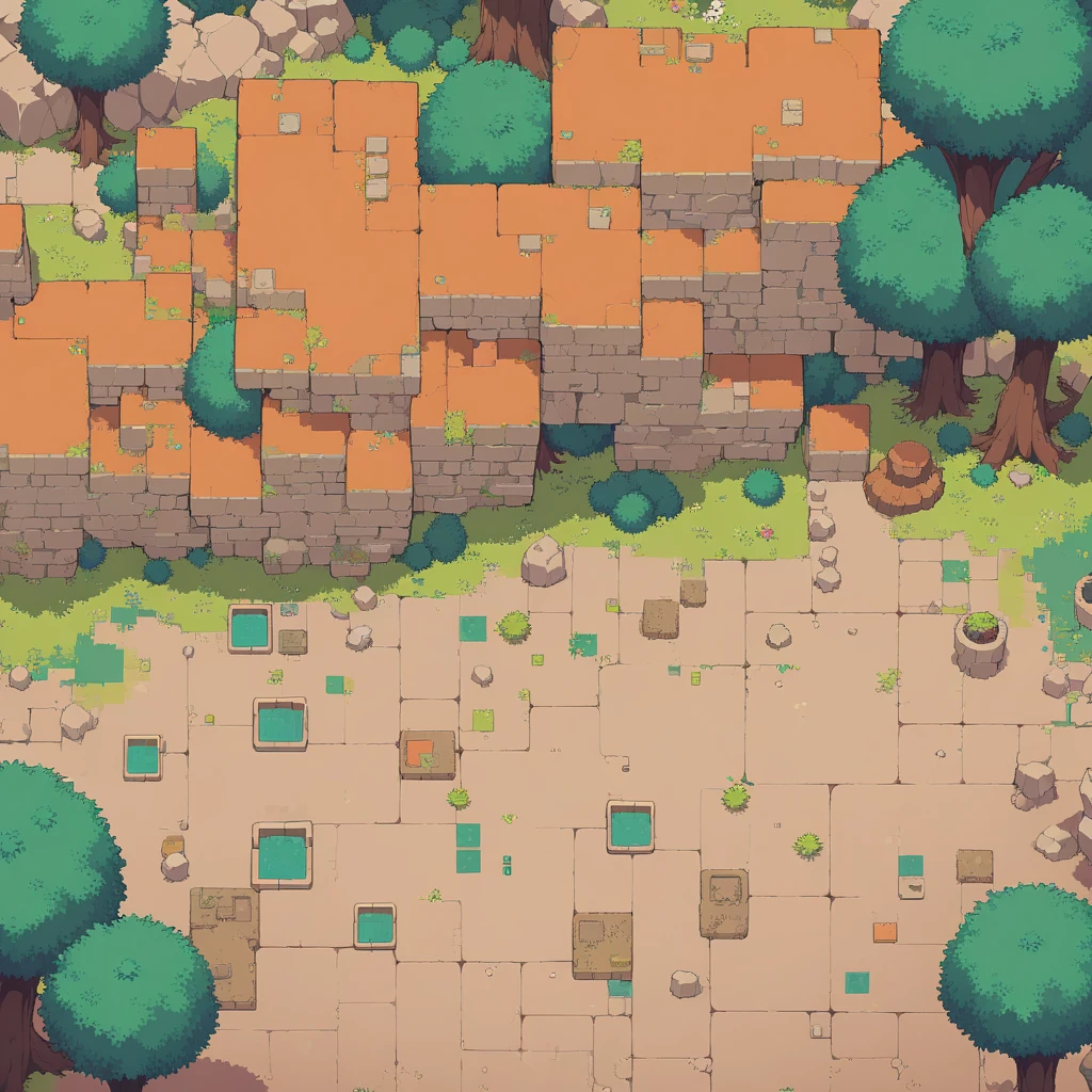 retro video game style,pixelated, vibrant pastel colors,8-bit characters,blocky shapes,sharp lines,detailed shading,classic gaming vibe,nostalgic atmosphere,classic arcade games,masterpiece:1.2,ultra-detailed,illustration style, 2d texture, clay texture, stone texture, 4 k seamless mud texture, video game texture, dirt texture, tileset, game tiles, clay material, flat texture, grass, trees, rock texture, rocky ground, forest, topdown view, game texture, game art, ground very detailed, dirt, floor texture, tileable texture, flowers, bushes, shrubs, intricate ground stone, top down view, 3/4th perspective