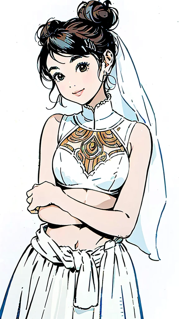 Indian descent、Dark Skin、Black Hair、Bun Hair、Upper Body、Wedding dress、Large Breasts、Simple Background、smile、Subjective。