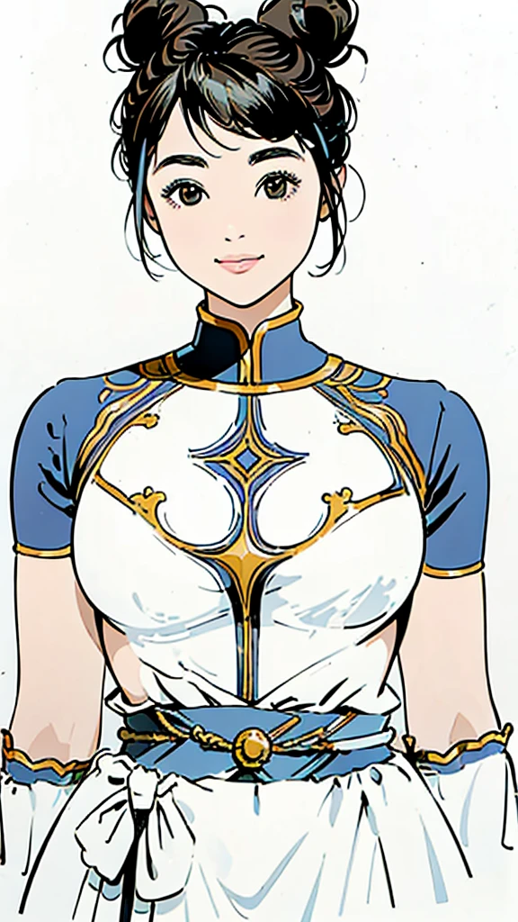 Indian descent、Dark Skin、Black Hair、Bun Hair、Upper Body、Wedding dress、Large Breasts、Simple Background、smile、Subjective。