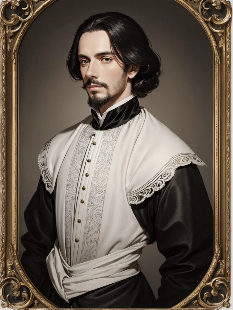 Christopher Marlowe, white skin, piercing eyes, dark hair, shoulder-length, combed back, refined features, sharp jawline, clean shaved facial hair, dignified posture, Elizabethan black velvet jacket, golden ornament, white laces, bare white neck, in a detailed ink wash illustration, sepia tones, on aged parchment paper background, without frame, realistic, portrait