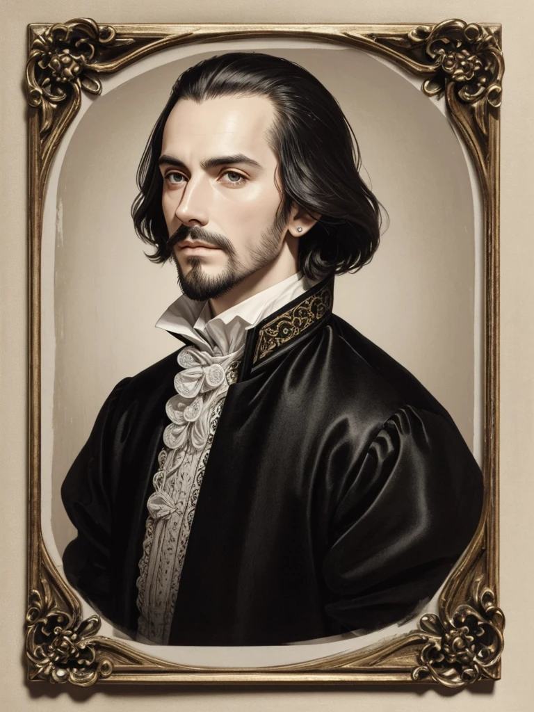 Christopher Marlowe, white skin, piercing eyes, dark hair, shoulder-length, combed back, refined features, sharp jawline, clean shaved facial hair, dignified posture, Elizabethan black velvet jacket, golden ornament, white laces, bare white neck, in a detailed ink wash illustration, sepia tones, on aged parchment paper background, without frame, realistic, portrait